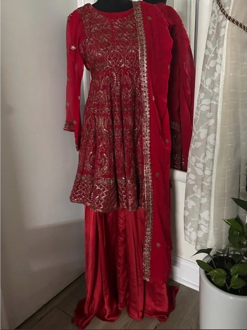 Red Embroidered Women's Dress with Dupatta